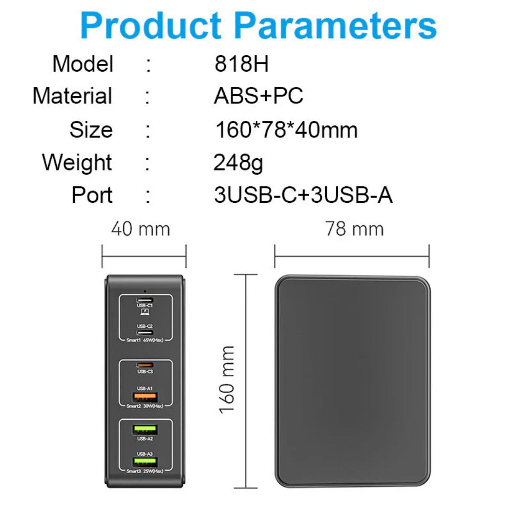 120W 6-Port USB PD Charger, Fast Charging Station for iPhone, Huawei, Samsung, Xiaomi