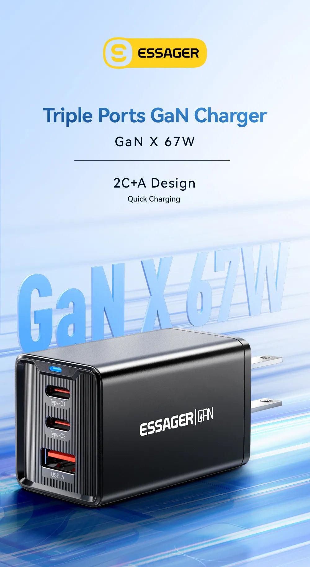 67W GaN 3-Port USB PD Charger: Fast Charging Adapter with 2 USB-C & 1 USB-A for iPhone, Huawei, Samsung