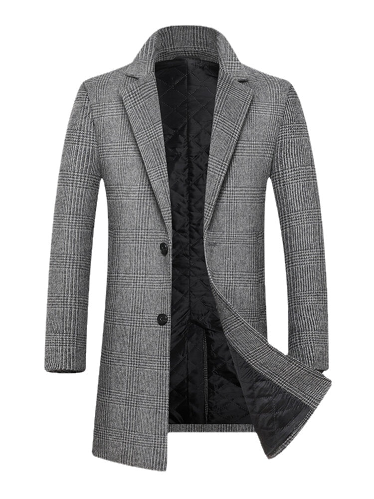 Men's Houndstooth Wool Single-Breasted Lapel Mid-Length Overcoat