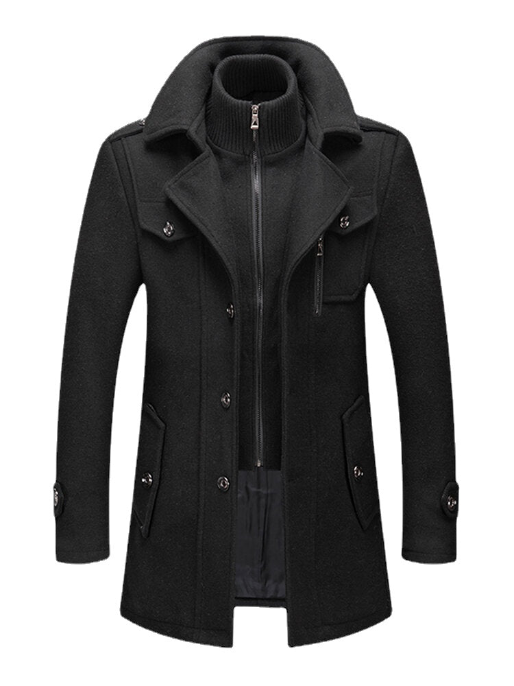 Men's Woolen Double Collar Single-Breasted Casual Warm Overcoat