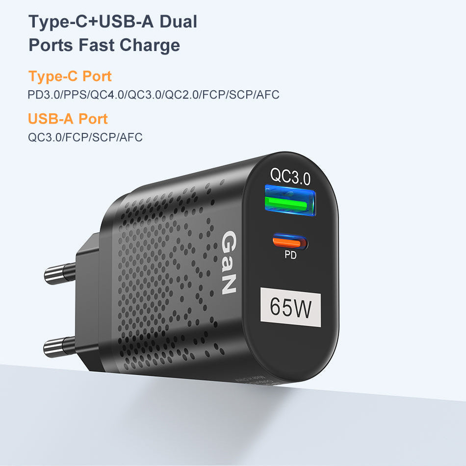 65 W GaN-Wandladegerät, 33 W USB-C PD PPS und USB-A QC3.0-Schnellladung für iPhone, iPad, Samsung, MacBook Air