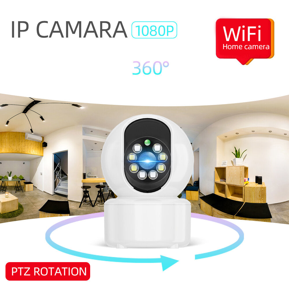 1080P Indoor PTZ WiFi IP Camera, 8 LED, Two-Way Audio, Cloud Storage, Waterproof, Night Vision, Dual Light CCTV