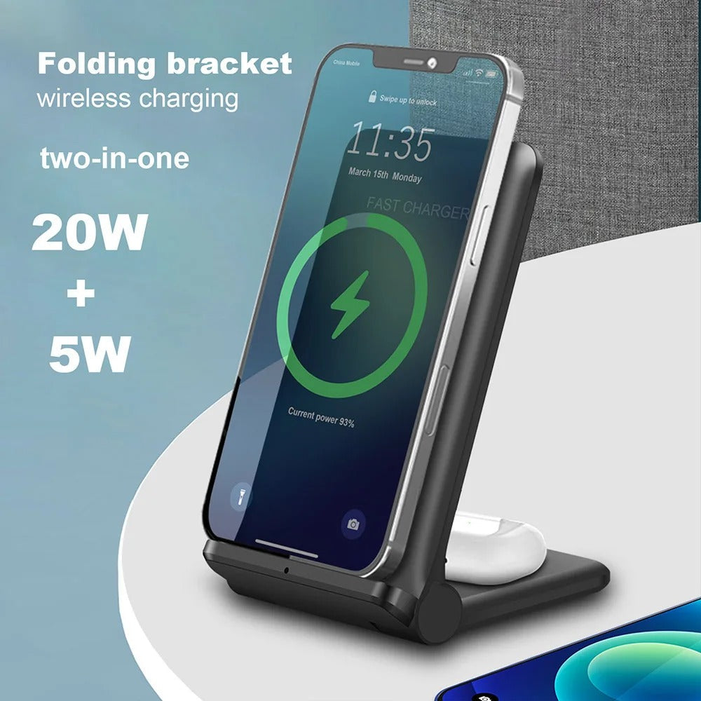 25W 2-in-1 Wireless Charger Dock for iPhone & Samsung - Fast Foldable Stand