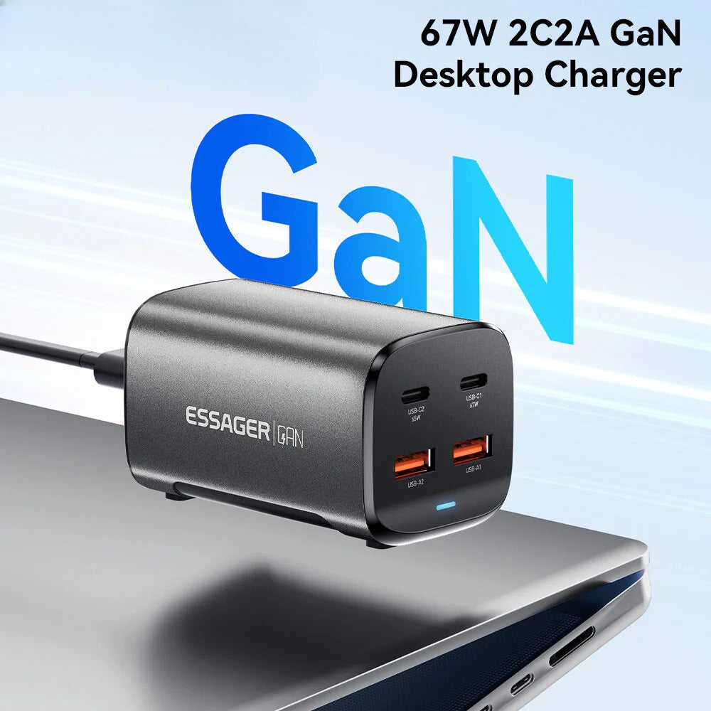 67W 4-Port GaN USB PD Charger: 2 USB-A & 2 USB-C, Fast Charging, EU/US Plug, 1M Cable