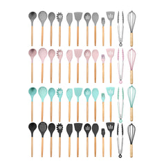 12pcs Wooden Silicone Kitchen Utensil Set - Nonstick Cooking Tools: Spoon, Ladle, Turner, Spatula, Tongs, Baking Gadgets