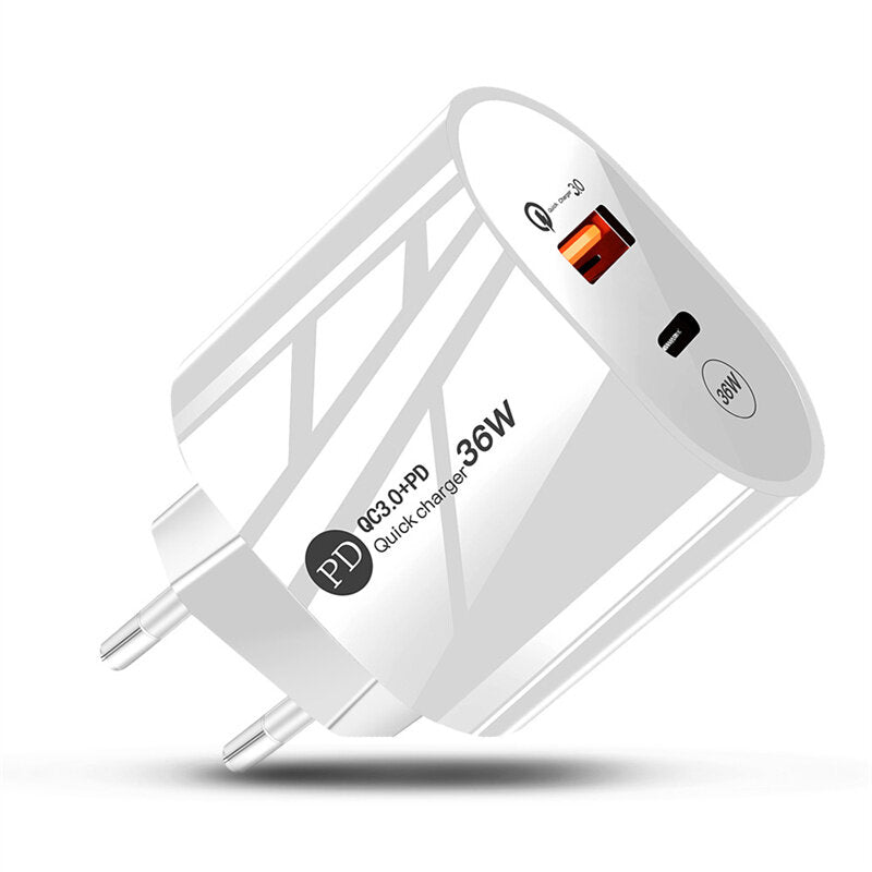 2-Port USB PD Ladegerät, USB-A &amp; USB-C, QC3.0 Schnell-Wandadapter, EU-Stecker für iPhone, Huawei, Samsung, Xiaomi