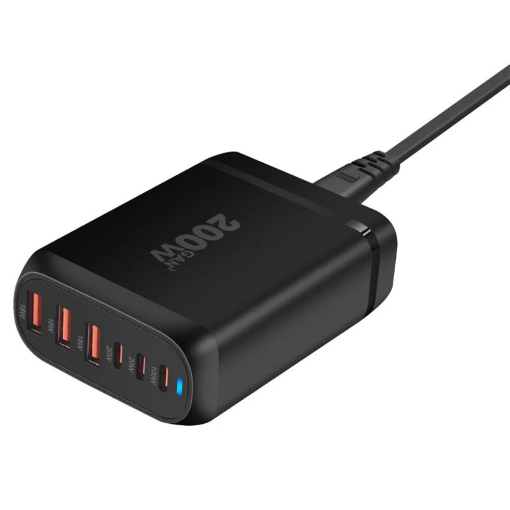 200 W 6-Port GaN USB PD-Ladegerät: 2 USB-A + 4 USB-C Schnellladung für iPhone, Huawei, Samsung, MacBook