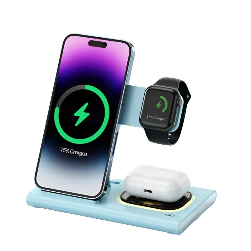 3-in-1 Wireless Charger Stand for iPhone 15/14/13/12, Samsung S23/S22, Galaxy Watch, and Buds