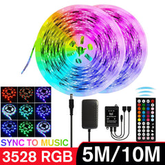 5M/10M 3528 SMD RGB LED Strip Light with Music Sync, Non-Waterproof, 44-Key IR Remote Controller Included