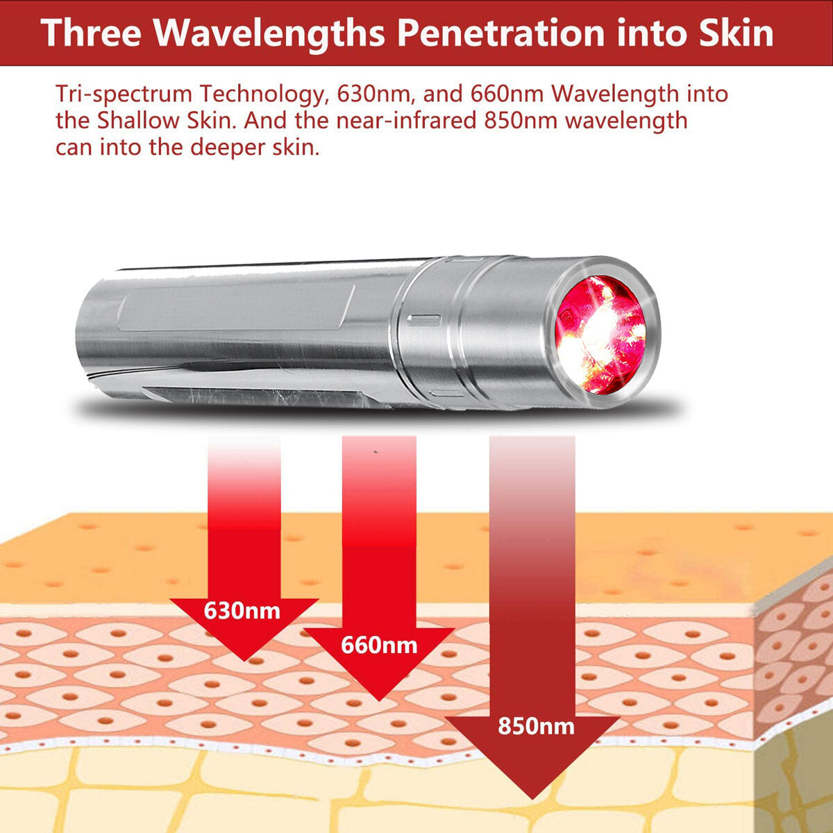 Portable Red Light Therapy Device with Timer - 3 LED Diodes, 630+660+850NM