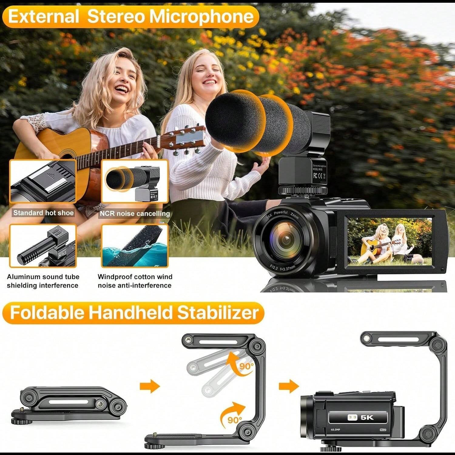 5K HD Digital Camera, 48MP, 16x Zoom, 3.0" Touch Screen, WIFI, Stabilization, Remote, 2000mAh Battery, Mic, Bracket