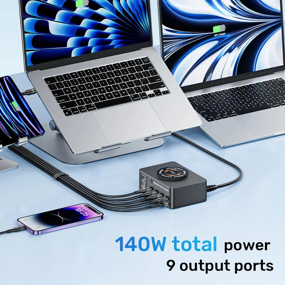 140W 8-Port USB PD Charger with Wireless Pad, Fast Charging for iPhone, Samsung, Huawei, Xiaomi