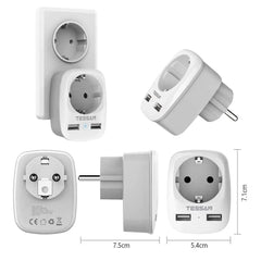 EU 3-in-1 4000W Wall Socket Extender with AC Outlet, 2 USB Ports & Overload Protection