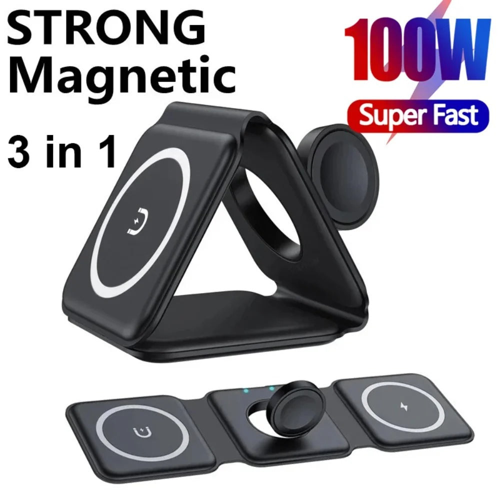 Foldable 100W 3-in-1 Magnetic Wireless Charger for iPhone, AirPods, and Apple Watch