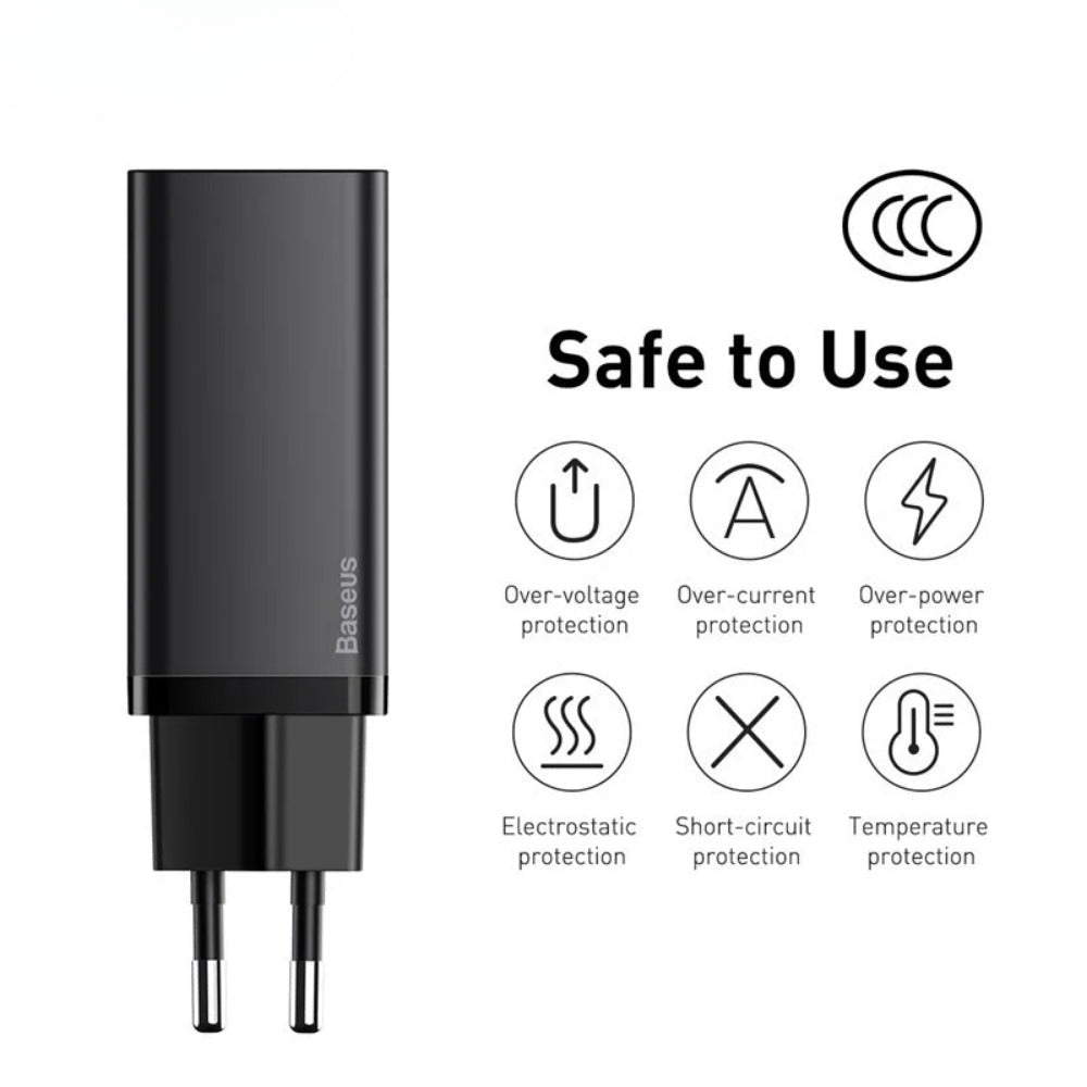 GaN2 65W 2-Port USB PD Fast Charger Adapter EU Plug for iPhone, Huawei, Xiaomi, Samsung