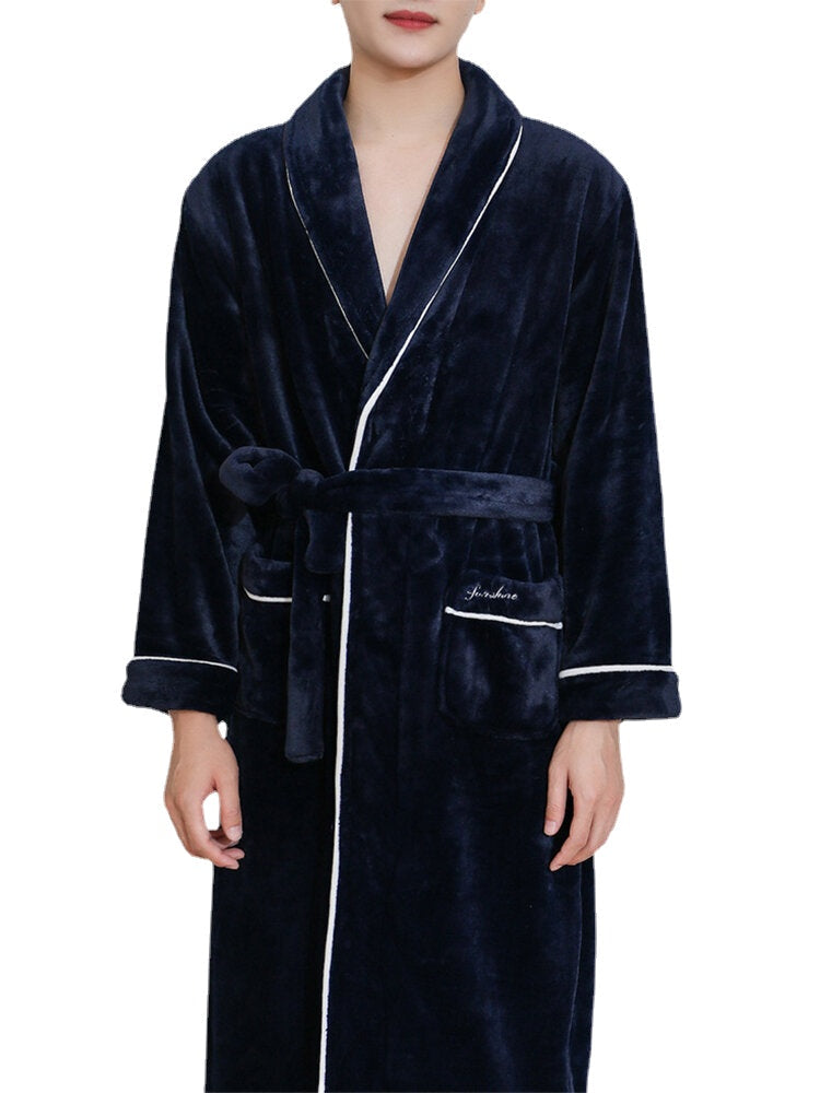 Men's Flannel Lapel Robe with Double Pockets, Belt, and Contrast Binding - Warm and Stylish