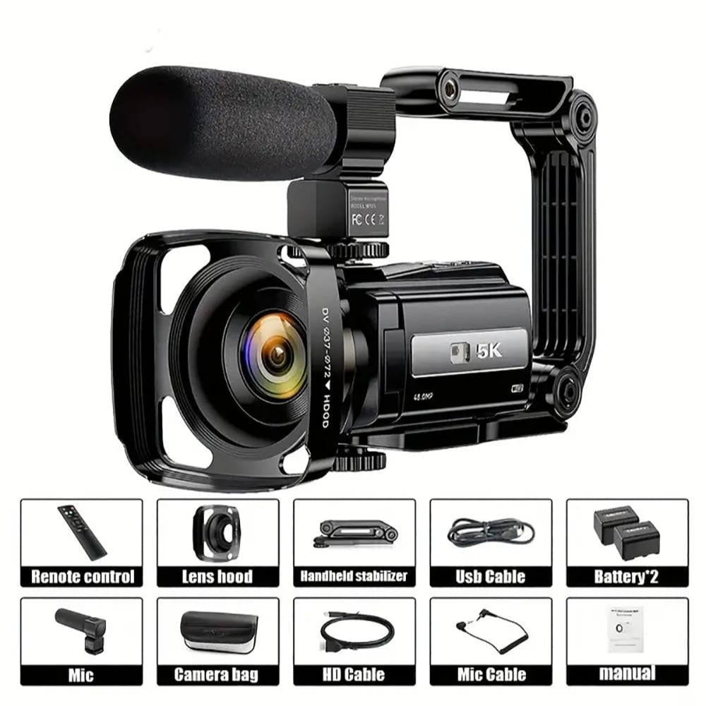 5K HD Digital Camera, 48MP, 16x Zoom, 3.0" Touch Screen, WIFI, Stabilization, Remote, 2000mAh Battery, Mic, Bracket