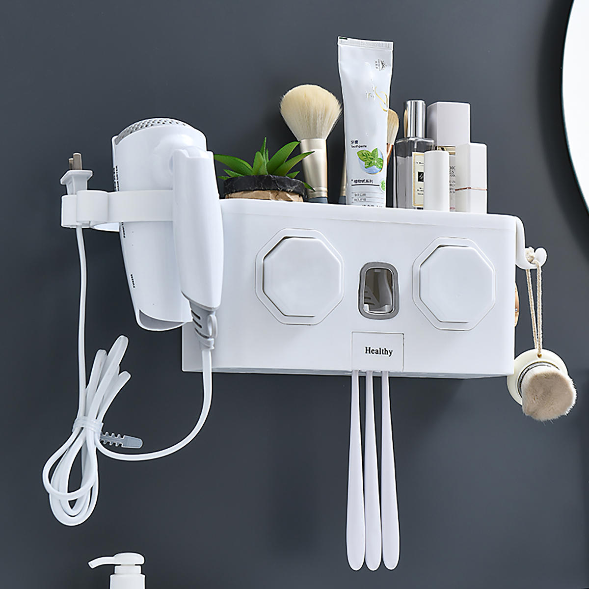 Multifunction Toothbrush Holder with Automatic Toothpaste Dispenser and Hair Dryer Rack