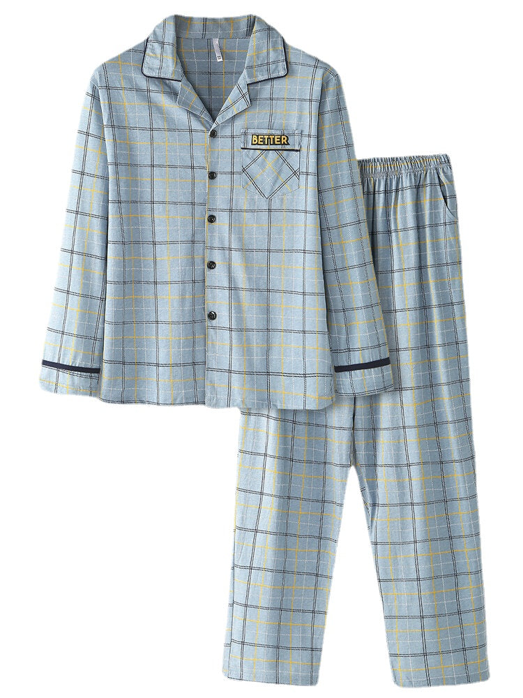Pyjama-Set aus Baumwolle mit Gitter-Buchstabendruck und Reverskragen für Herren mit Tasche – Bequeme Nachtwäsche
