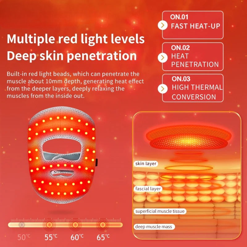 Electric Heated Facial Massager Mask - Red Light Therapy for Jaw Pain, Muscle Stiffness & Stress Relief - Anti-Fatigue Device