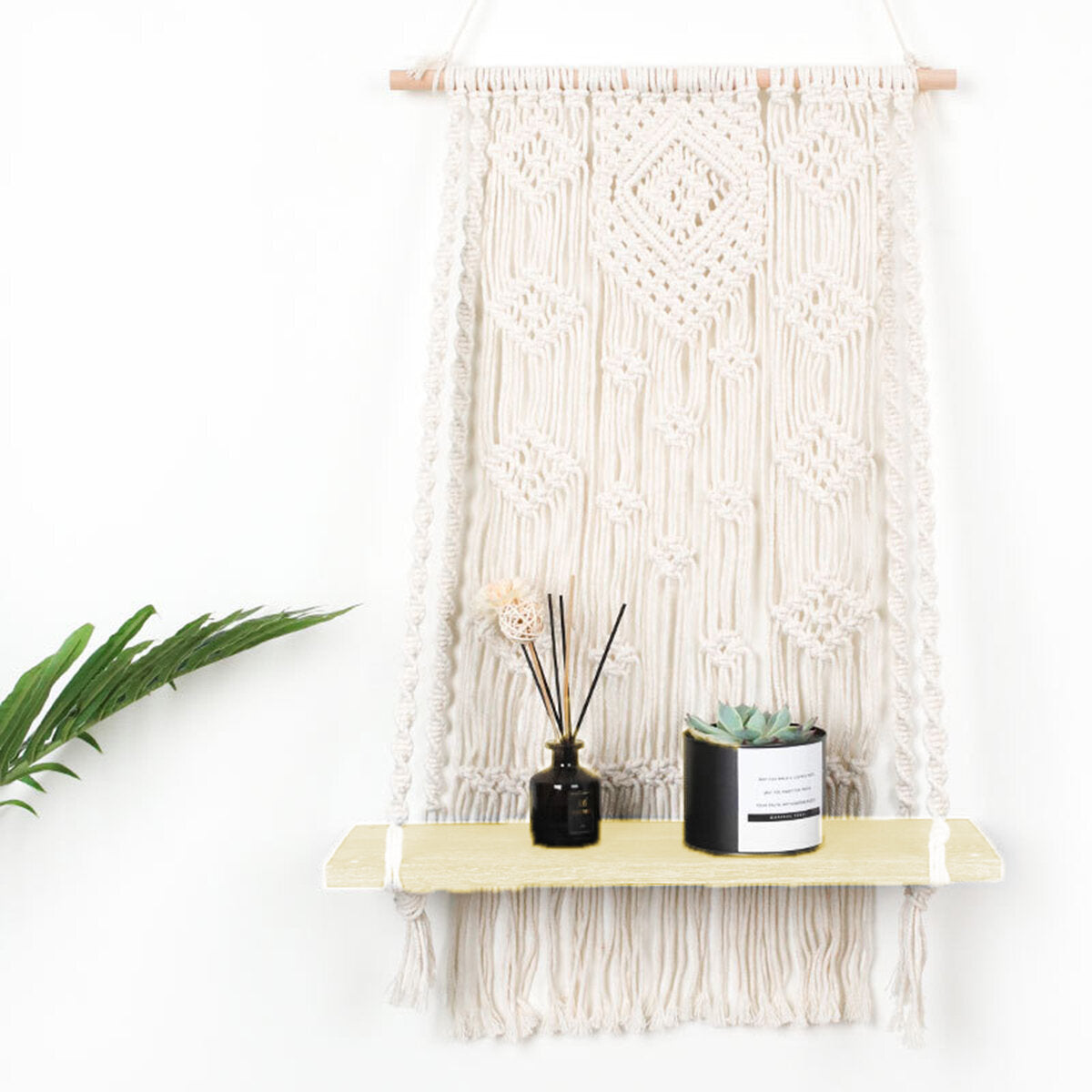 Hand-Woven Macrame Plant Hanger Basket with Wood Shelf - Room Decoration Tapestry
