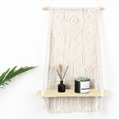 Hand-Woven Macrame Plant Hanger Basket with Wood Shelf - Room Decoration Tapestry
