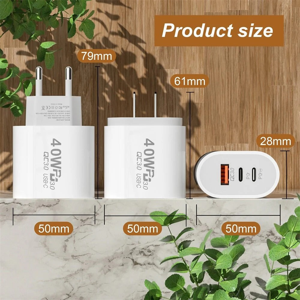 40 W 3-Port USB PD Ladegerät: Dual USB-C &amp; USB-A Schnellladeadapter für iPhone, Samsung, Huawei