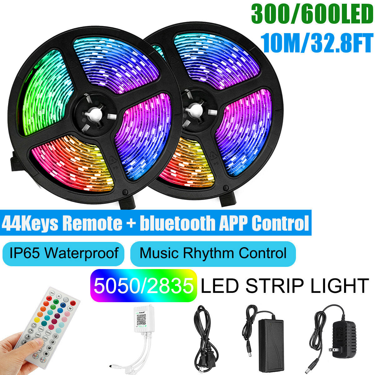 10M RGB Smart LED Strip Light SMD5050/2835 - APP & 44-Key Remote Control, Music Sync, Waterproof