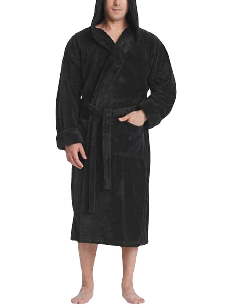 Warmer Herren-Bademantel aus einfarbigem Flanell mit Kapuze und Schnürverschluss