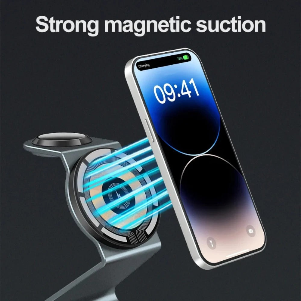 15W 3-in-1 Magnetic Wireless Charger Stand for iPhone, Apple Watch, and AirPods