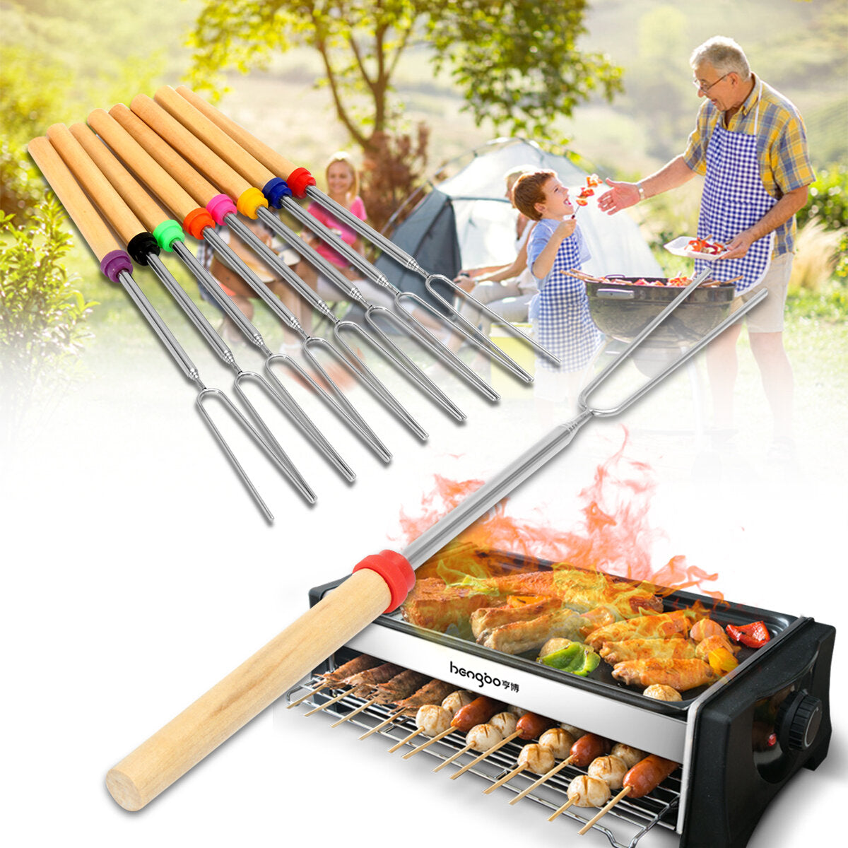 8-Piece 32-Inch Colorful Telescopic Marshmallow Roasting Skewers BBQ Forks - BBQ Tools