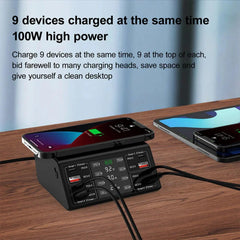 100W 8-Port USB PD Charger with Wireless Pad, Fast Charging for iPhone, Samsung, Oppo, Redmi