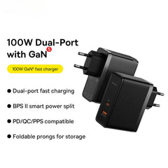 [GaN Tech] GaN5 Pro 100W 2-Port USB PD Ladegerät Schnellladeadapter EU-Stecker + 1M Kabel