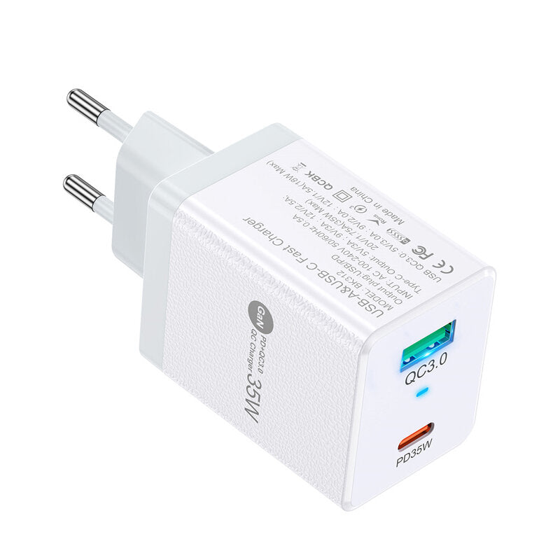 35W GaN USB PD Charger, Dual USB-A/USB-C Ports, Fast Charging, EU Plug for iPhone, Xiaomi, Huawei, Samsung