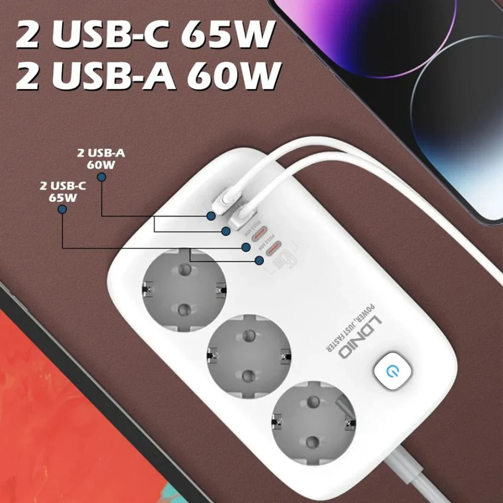 3250 W GaN 7-Port-Steckdosenleiste: 2 USB-A, 2 USB-C, 3 Steckdosen, Schnellladung, EU-Stecker