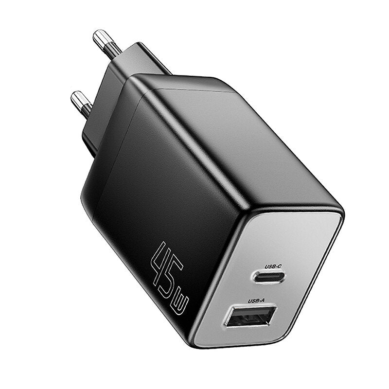 45W GaN USB PD Charger, Dual USB-A/USB-C Ports, Fast Charging, EU Plug for iPhone & Samsung