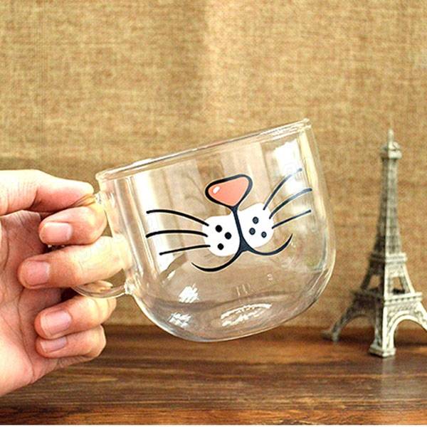 Handgefertigter, temperaturbeständiger Cartoon-Glasbecher - Transparenter Wasserbecher mit Katzen- und Schweinenasenmuster