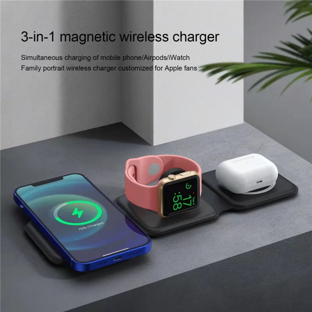 Foldable 100W 3-in-1 Magnetic Wireless Charger for iPhone, AirPods, and Apple Watch