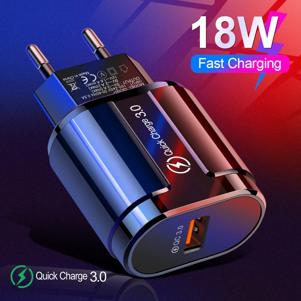 18W USB-A QC3.0 Fast Charger EU/US Plug for iPhone, Huawei, Samsung, Xiaomi