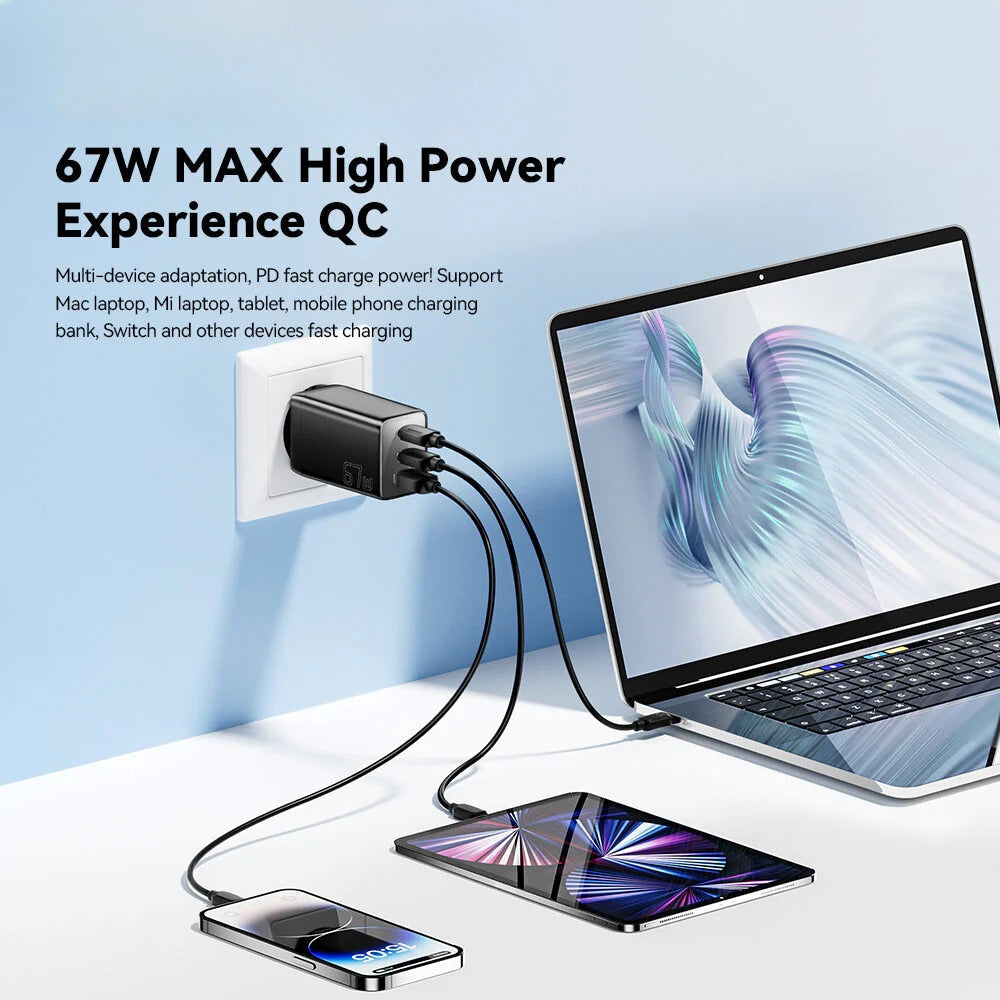 67W GaN 3-Port USB PD Ladegerät: Schnellladeadapter mit 2 USB-C &amp; 1 USB-A für iPhone, Xiaomi, Huawei, Samsung