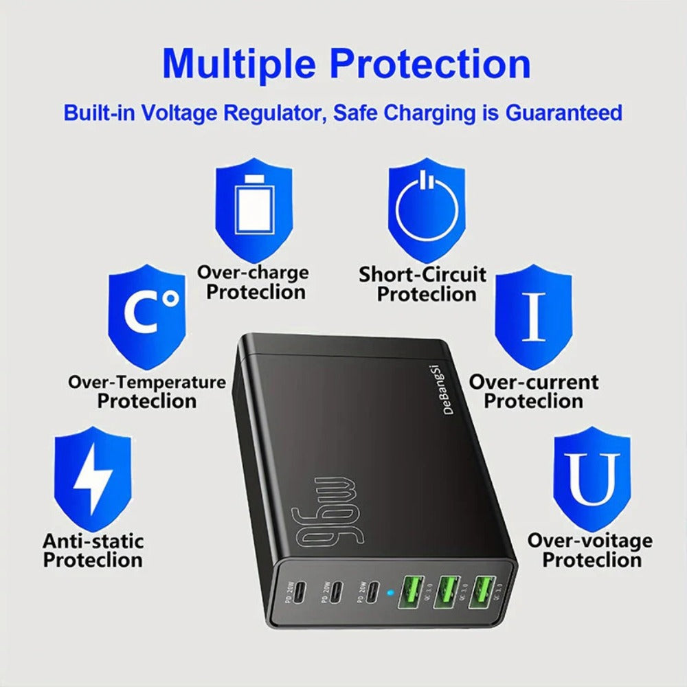 6-Port USB PD Charger: 3 USB-C & 3 USB-A, Fast Charging Station for iPhone, Huawei, Samsung, Oppo