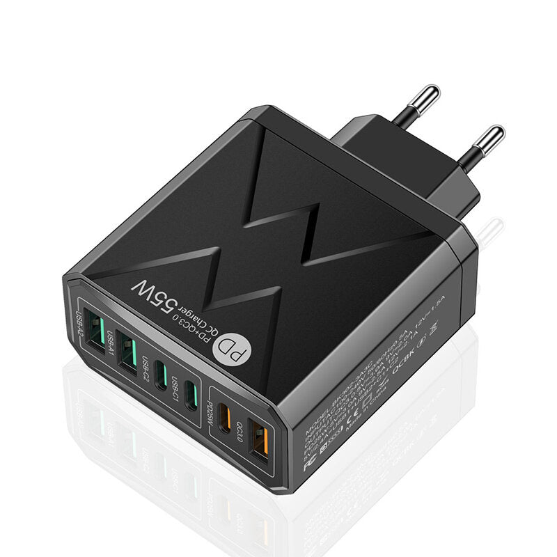 6-Port USB PD Charger: 3 USB-A & 3 USB-C Fast Charging Adapter for iPhone, Samsung, Huawei