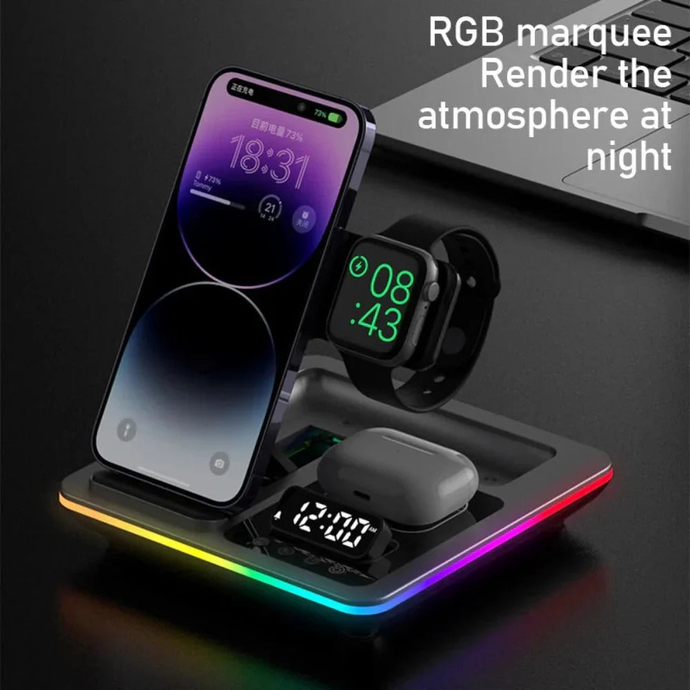 5-in-1 15W RGB Kabelloses Ladegerät und Wecker für iPhone, Xiaomi, Huawei, AirPods, Apple Watch