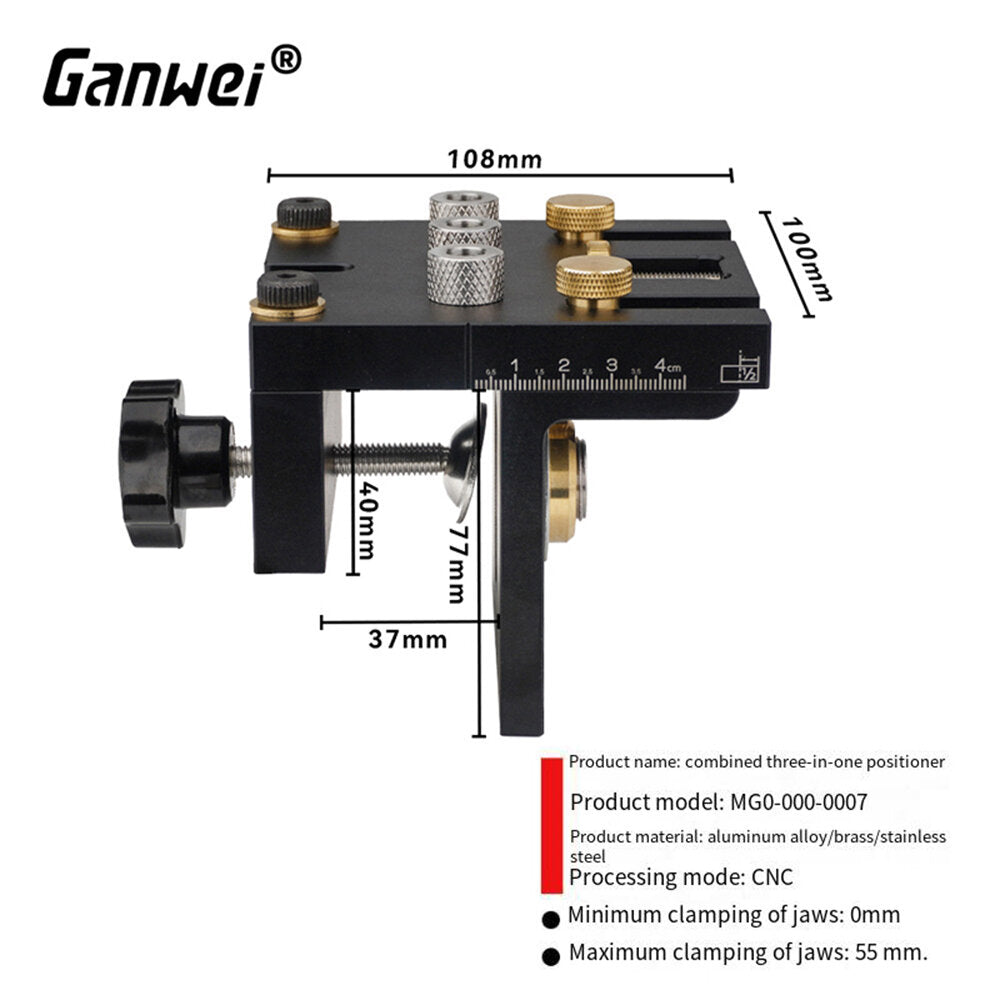 3-in-1 Adjustable Woodworking Dowelling Jig Kit: Pocket Hole Jig, Drilling Guide, Tenoning Pin Hole Puncher, 6/8/10/15mm