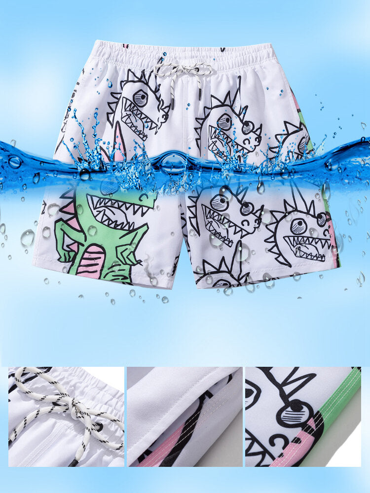 Schnelltrocknende Strandshorts für Herren mit Cartoon-Dinosaurier-Aufdruck und Kordelzug