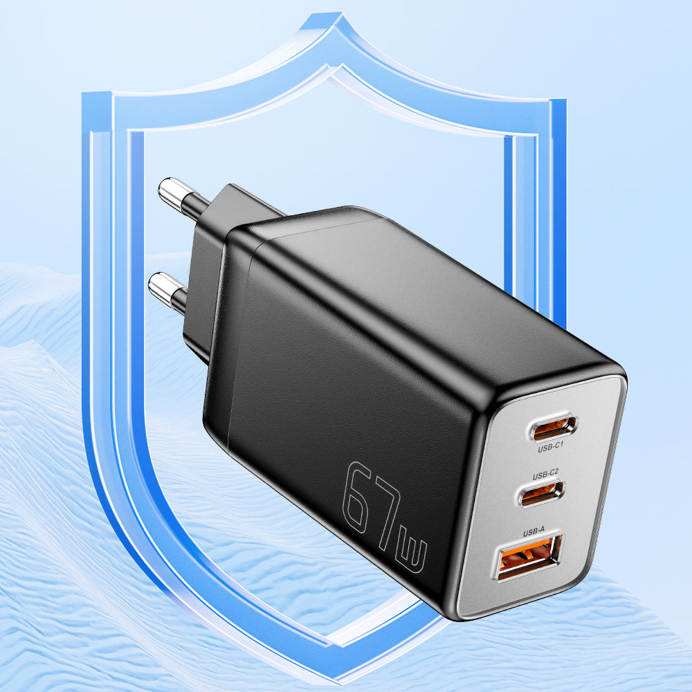 67W GaN 3-Port USB PD Ladegerät: Schnellladeadapter mit 2 USB-C &amp; 1 USB-A für iPhone, Xiaomi, Huawei, Samsung