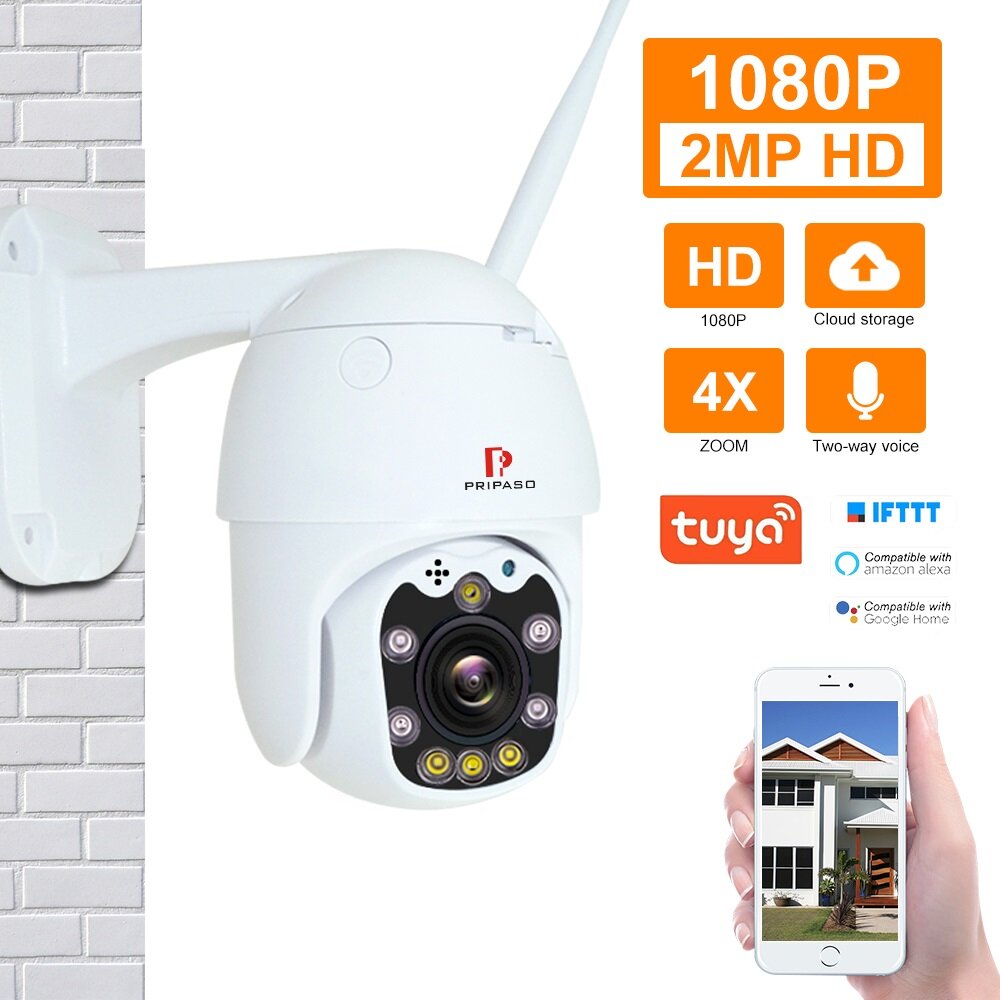 1080P Outdoor PTZ Wireless IP Camera with TuyaSmart App, Two-Way Audio, Auto IR Night Vision, Mini Dome CCTV