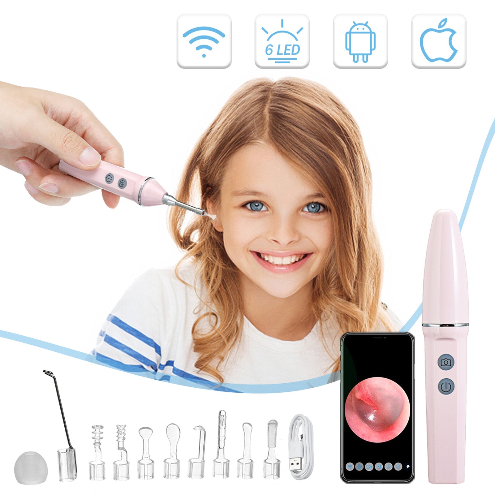 3.9mm HD WIFI Wireless Otoscope, IP67 Waterproof LED Ear Camera, USB Charging Earwax Removal Tool Set