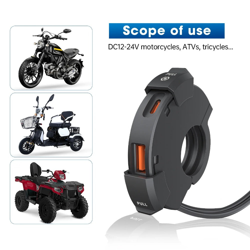 Motorcycle USB Charger QC3.0 Type C Waterproof Handlebar Mount 12/24V Adapter for Fast Charging