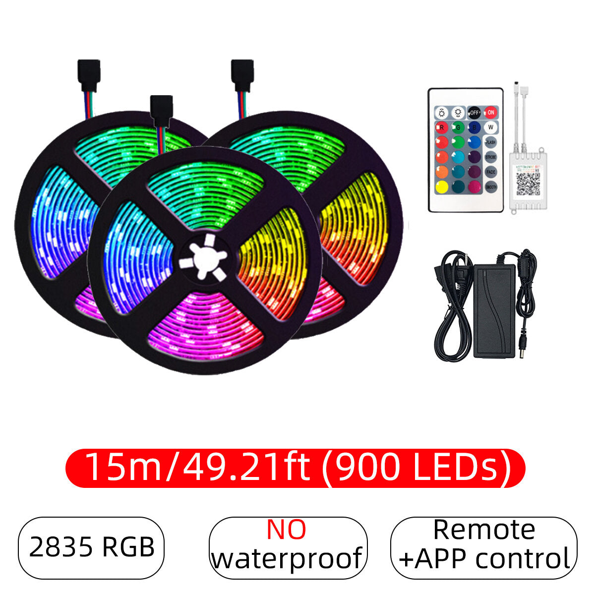 10M/15M Bluetooth RGB LED Strip Light, 32.81FT/49.21FT, Non-Waterproof, 2835, Flexible, 24-Key Remote, DC12V